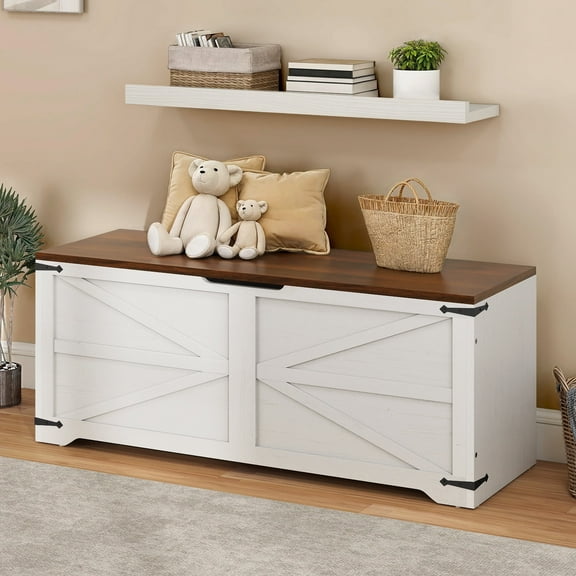 Dextrus 47.2" Farmhouse Storage Bench with 2 Safety Hinges, Wooden Storage Chest with 2 Safety Hinges for Storage Organizer, Shoe Bench - White