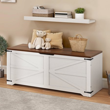 Dextrus 47.2 Farmhouse Storage Bench with 2 Safety Hinges Wooden Storage Chest with 2 Safety Hinges for Storage Organizer Shoe Bench - White