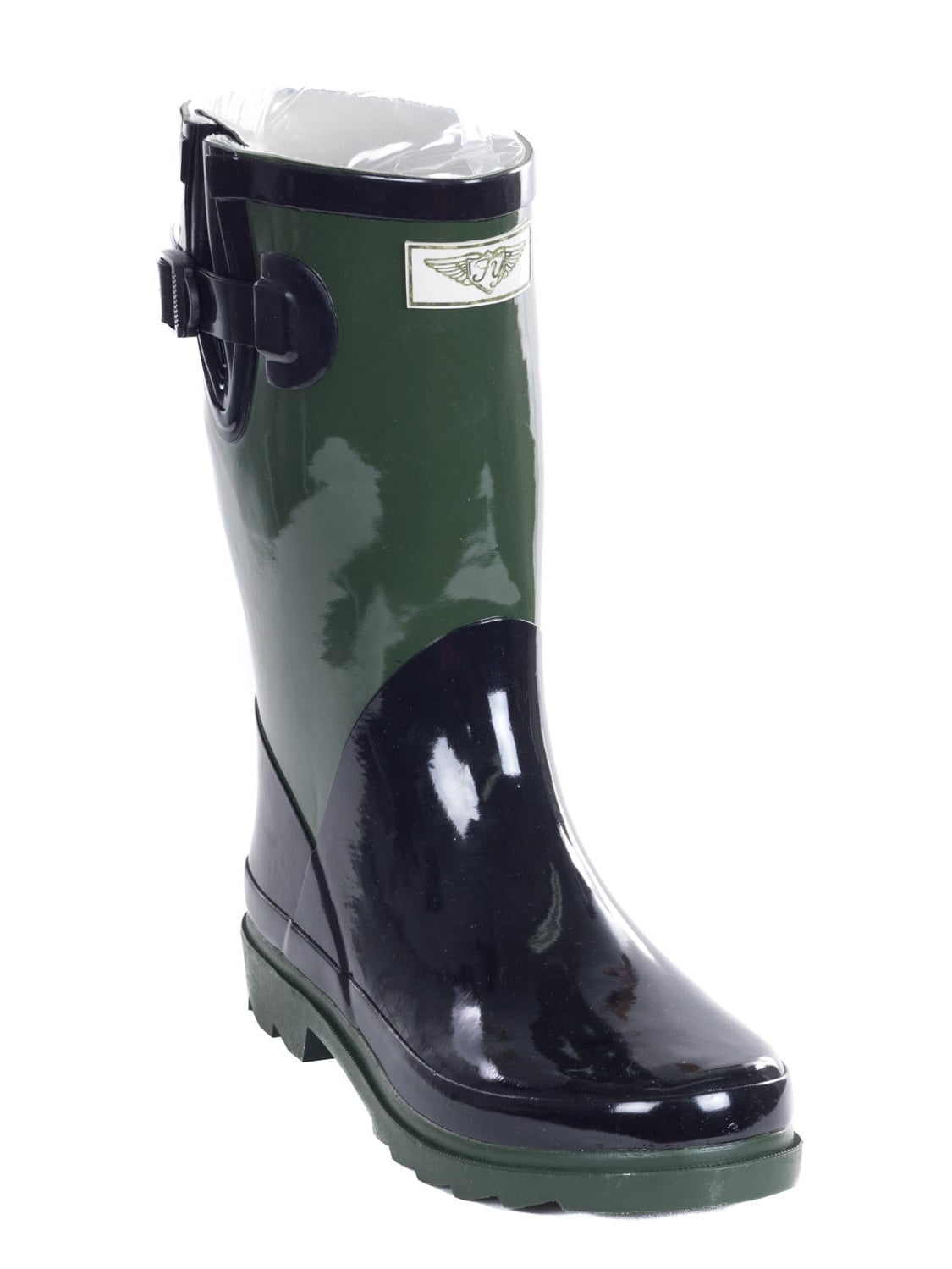 green rubber rain boots