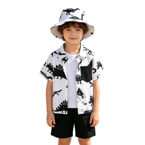 OSOLU Boys Summer Hawaiian Beach Outfits Short Sleeve Button Up Shirts And Shorts With Bucket Hat 3 Piece Set 3-8Y Soft Outfit