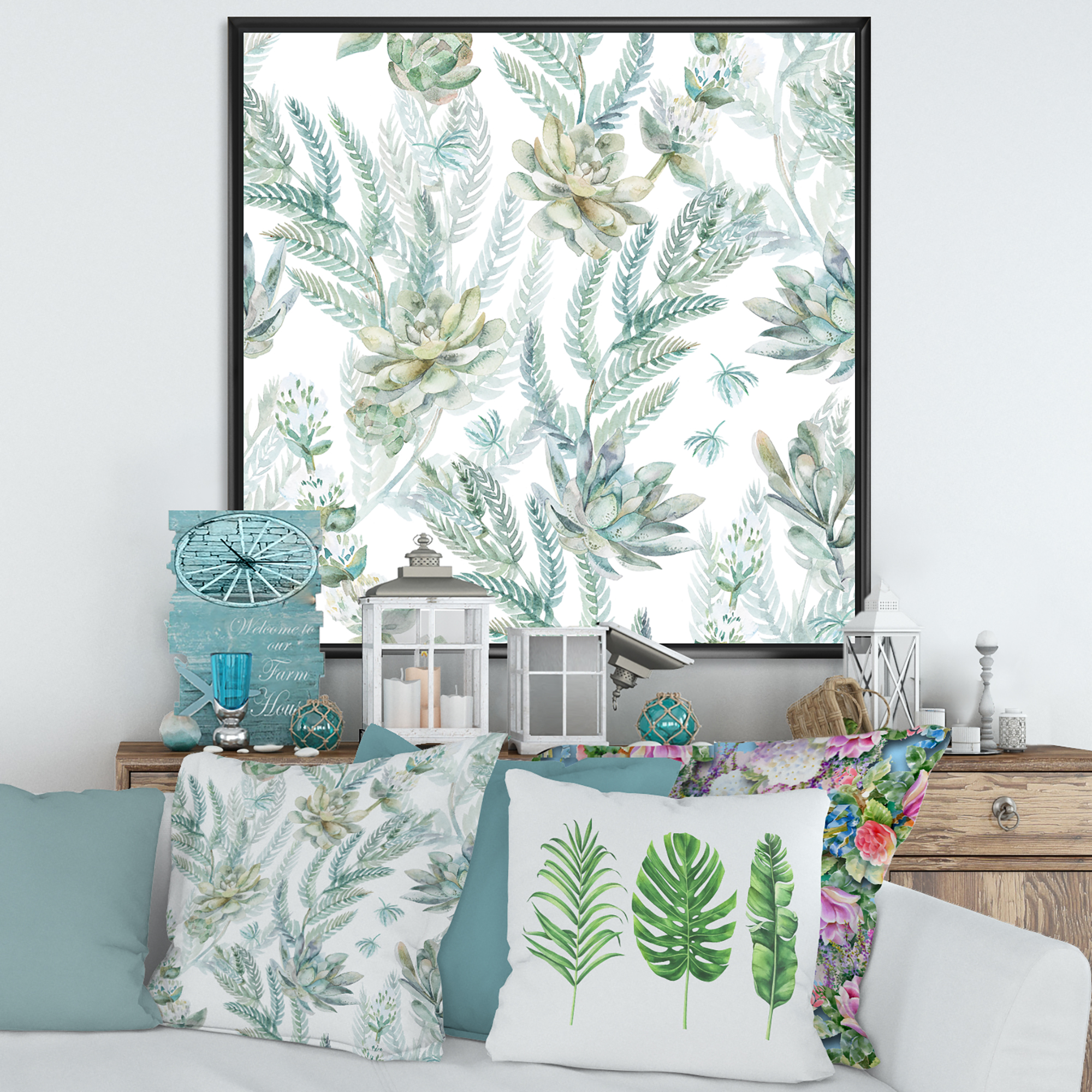 Designart 'Floral Seamless Pattern Succulents and Ferns Thorns' Farmhouse Framed Canvas Wall Art Print
