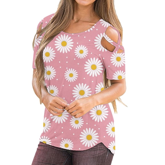 DailyTrove Women's Cold-Shoulder Daisy Print Top - 3/4 Sleeve Casual Blouse, Playful for Picnics & Events