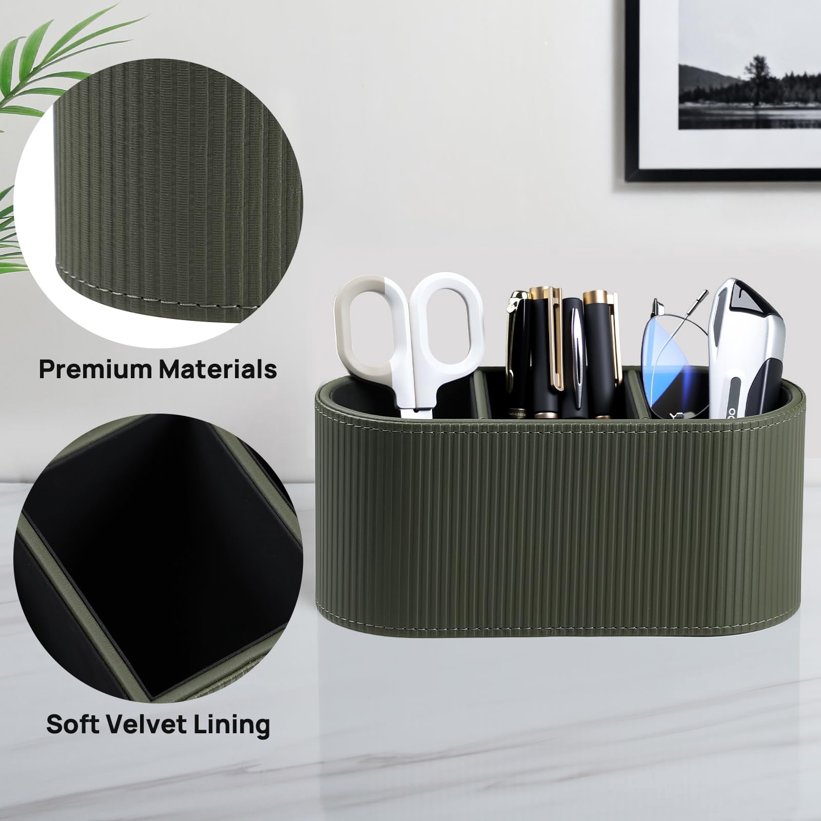 Aesthetic Remote Control Holder  Pu Leather Desktop Organizers With 3 Compartments For Home Office Supplies And Accessories Stylish Bedside Nightstand Organizer (green)