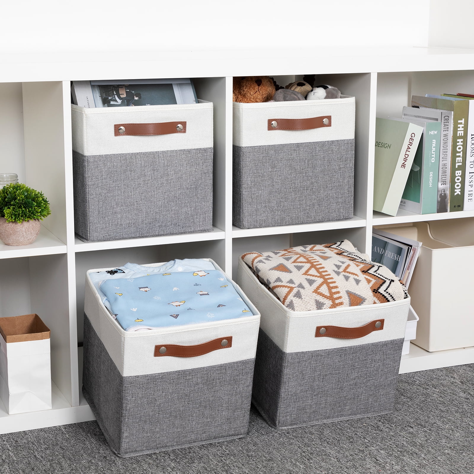 ANLEM 11x11 Fabric Cube Storage Bins, Set of 4, Foldable Storage Cube Bin Baskets for Shelves with Handles, Bins for Cube Organizer Home Toy Nursery Closet(White Gray)