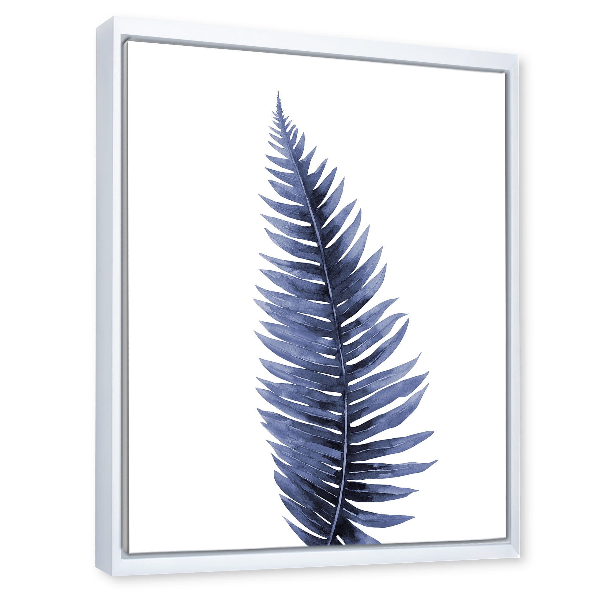 Designart 'Tropical Blue Watercolour Leaves On White' Bohemian & Eclectic Framed Canvas Wall Art Print