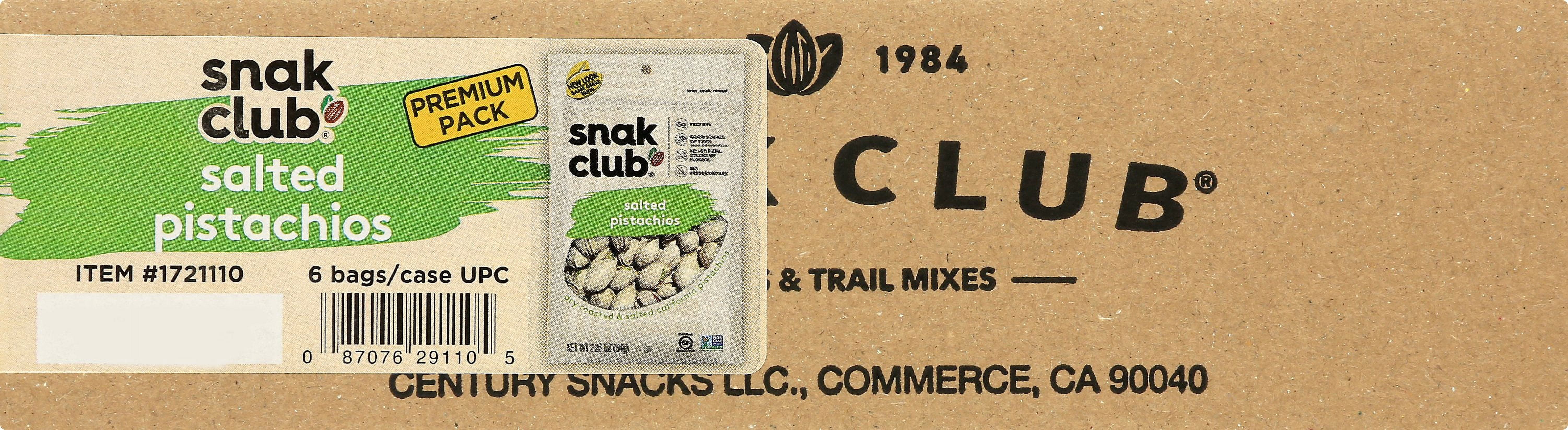 (Price/CASE)Snak Club 1721110 Century Snacks Premium Pack Salted Pistachios 2.25 ounce - 6 Per Case