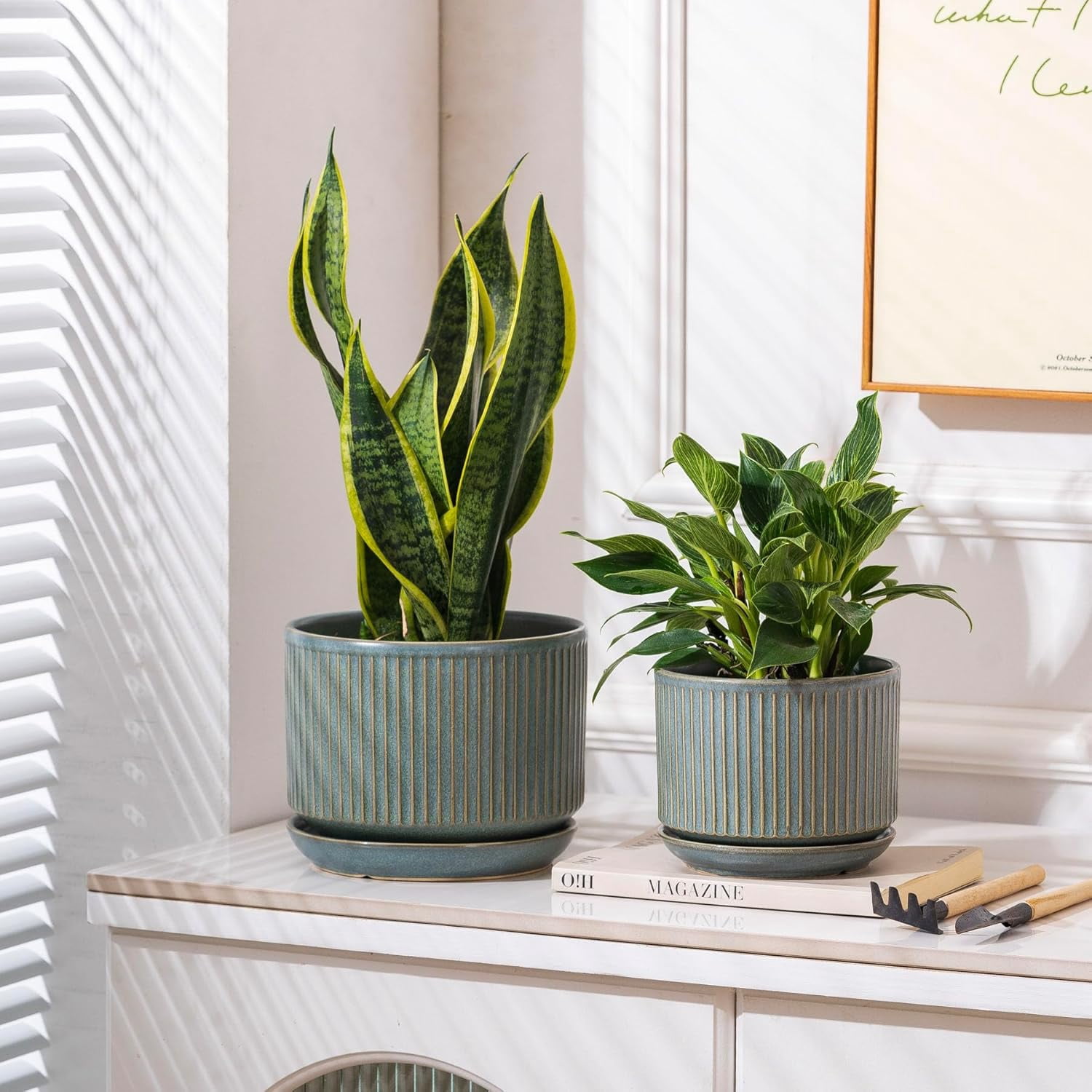 Set of 3 Speckle Gray Ceramic Plant Pots, 4.3+5.5+6.7 Inch with Drainage Hole, Saucer & Hole Pads, Striped Decorative Planter for Indoor Plants and Gardening