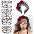 thumbnail image 1 of Paquete de 4 tatuajes de cara de Halloween del Día de los Muertos, calavera de azúcar, máscara floral de Halloween Dia De Los Muertos, tatuajes falsos para hombres y mujeres con 1 flor roja Cr, 1 of 5