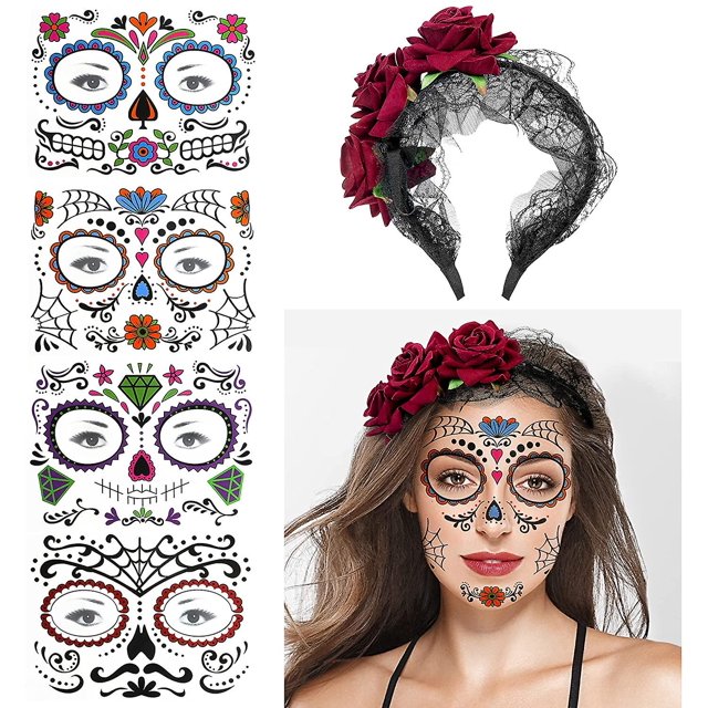 Paquete de 4 tatuajes de cara de Halloween del Día de los Muertos, calavera de azúcar, máscara floral de Halloween Dia De Los Muertos, tatuajes falsos para hombres y mujeres con 1 flor roja Cr