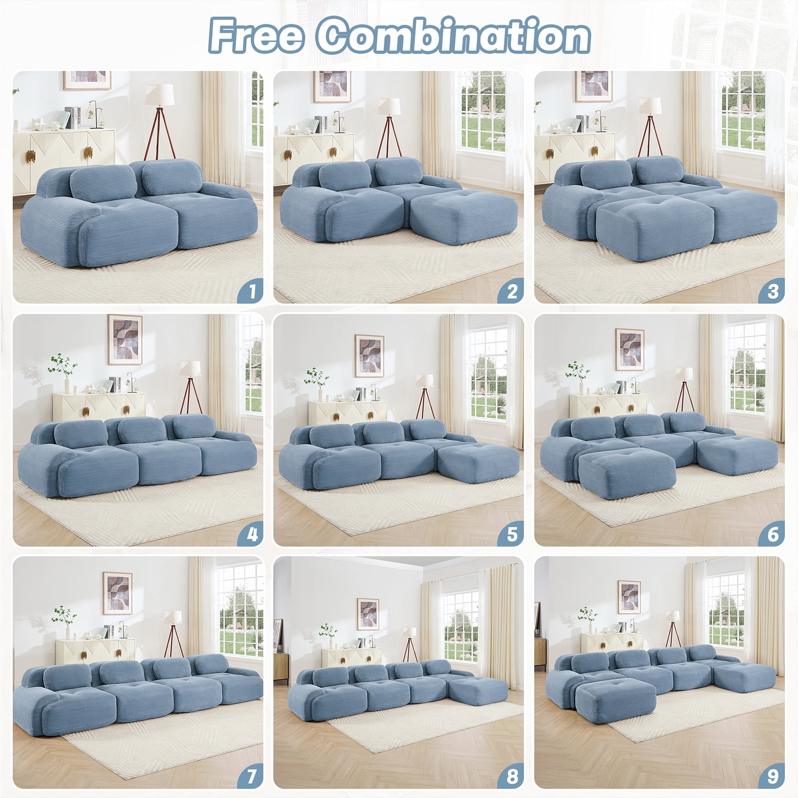 80" Modern Compressed Boneless Love Seat Couches with 1 Ottoman, 2 Seater Large Sectional Couches for Living Room, Blue Corduroy Cloud Modular Sectional Sofa, Memory Foam, Deep Loveseat, No Assembly