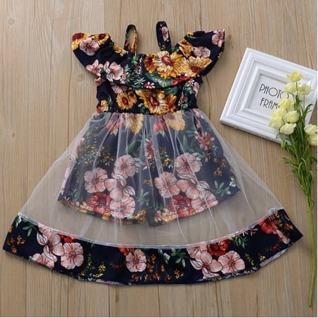 

Baozhu Toddler Girls Jumpsuit Dress Suspender Floral Ruffle Short Rompers with Lace Skirt