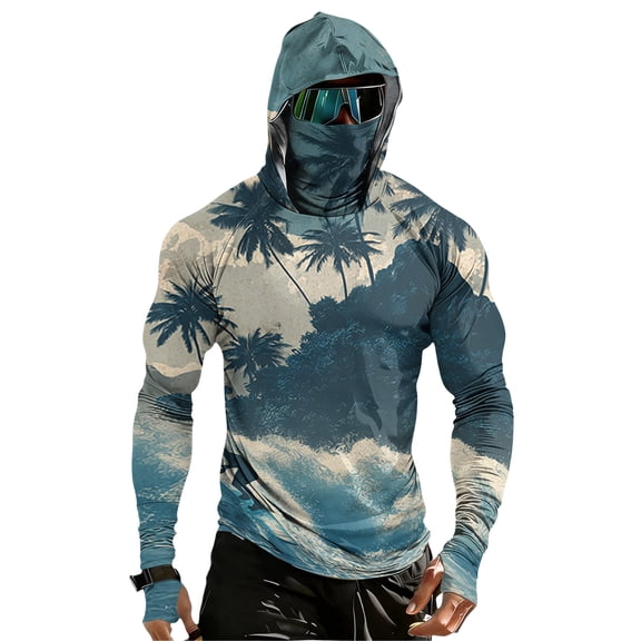 Novelty Palm Tree Print Hooded Fishing Shirts for Men, UPF 50 SPF Sun Protection Quick Dry Compression Hoodies Long Sleeve Tops with Face Mask for Outdoor Workout