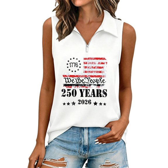 KHONTS Women's 250 Anniversary USA Tank Tops Patriotic America Graphic Quarter Zip Neck Shirt 250 Years USA Flag Sleeveless T-Shirt White XL
