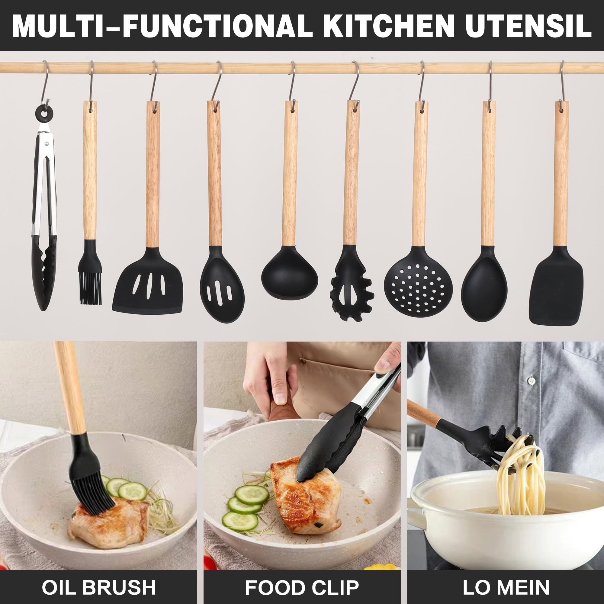 HEESEM 23 PCS Silicone Utensils Kitchenware Set with Removable Knife Cover, Non-Stick Heat Resistan Tools-Black