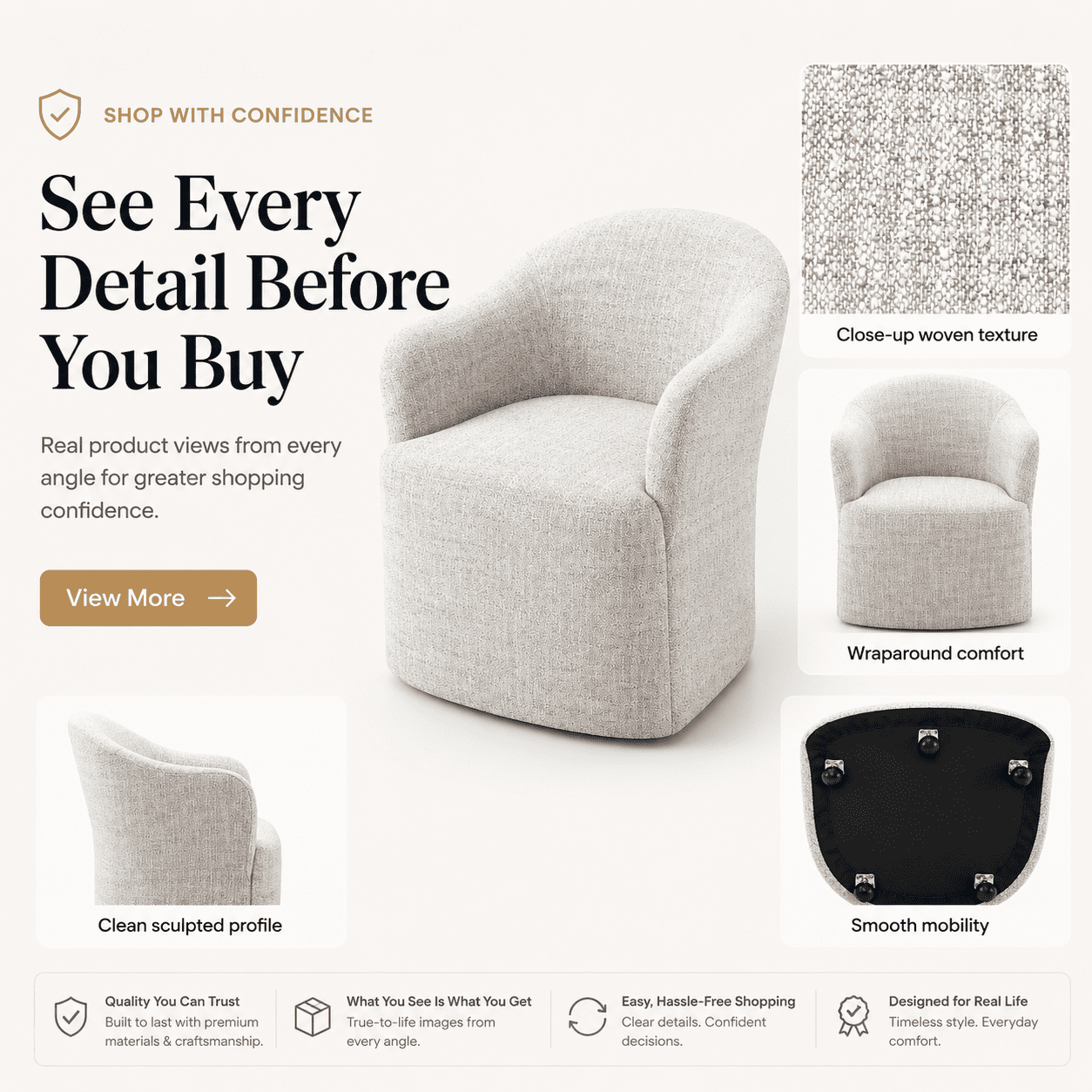 Aenkyo Dining Chair with Casters, Upholstered Barrel Back Rolling Accent Chair, Ginger Brown