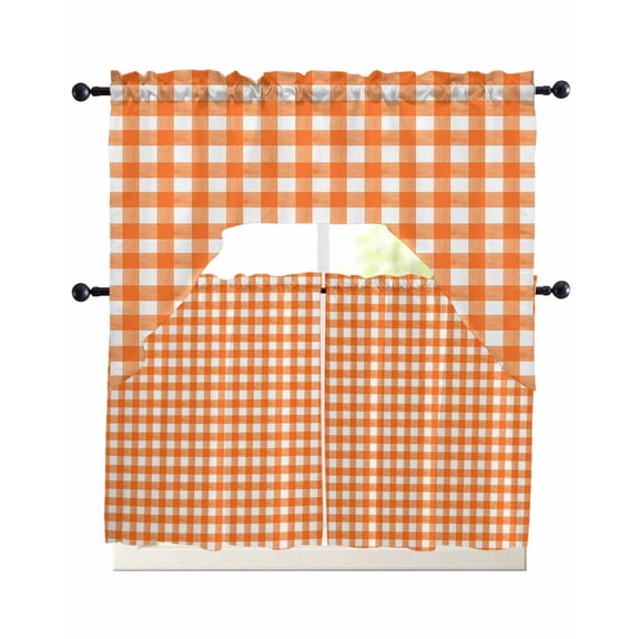Orange Kitchen Curtains Sets 36 Inch Length with Valance, Country French Rustic Buffalo Plaid Modern Art Swag Valances and Tiers Curtain Set Drapes Swag Curtains for Living Room, Bathroom, Bedroom
