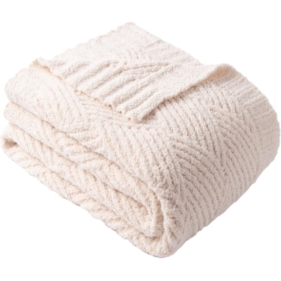 Battilo White Diamond Knit Throw Blanket for Couch and Bed, Ivory Soft Textured Chenille Blanket, Cozy Lightweight Decorative Blanket for Sofa, 50"x60"