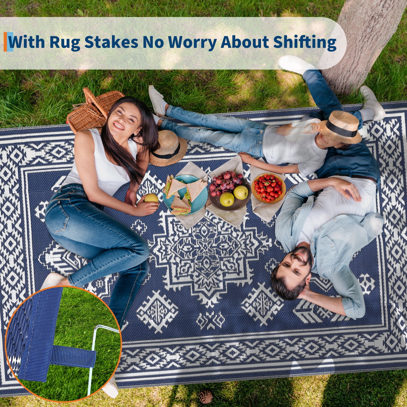 Nanan 9'x18' Indoor Outdoor Rug Boho Waterproof Plastic Straw Patio Rug, Reversible RV Camping Carpet for Backyard, RV, Deck, Porch, Balcony, Dark Blue