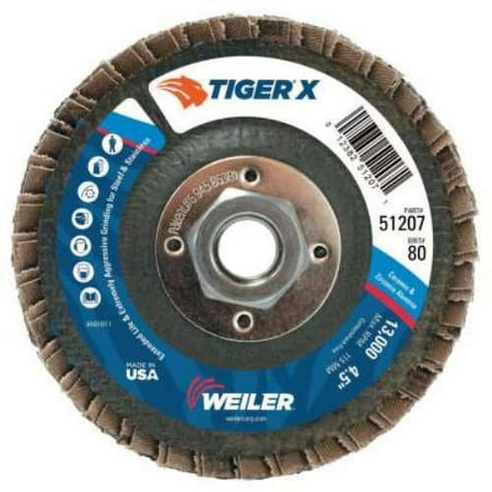 UPC: 0012382512071 | Weiler TIGER X Flap Disc  4 1/2 in Angled  80 Grit  5/8 in – 11 Arbor