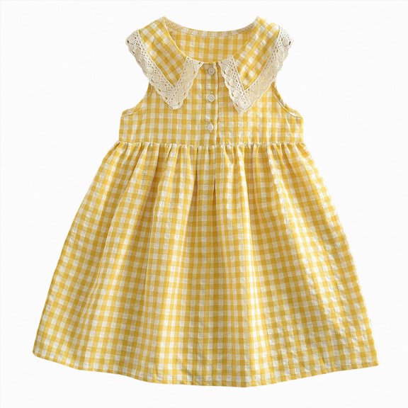 WXFAZCVU Summer Dress Girls Fashion Plaid Sleeveless A Line Dress Square Neck Lace Dresses Size 4-5 Years