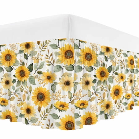 Sunflower Bed Skirt King Size, Farmhouse Spring Summer Botanical Wrap Around Bed Skirting with Adjustable Elastic Strap, Dust Ruffle Pleated Bedskirts 16 Inch Drop for Bedroom King Beds