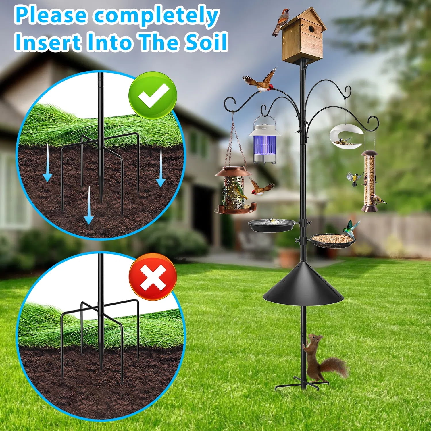 Teblint 92" Bird Feeding Station, Heavy Duty Bird Feeder Pole Bird House Stand Mount Kit w/ Squirrel Proof Baffle 4 Shepherds Hooks, Adjustable Feeder Stand for Outdoor Wild Birds Watching