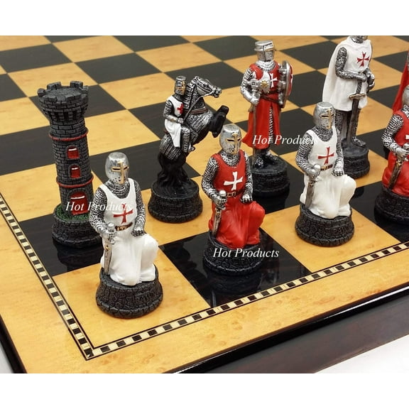 Medieval Times Crusades WARRIOR Red White Chess Set W/ 18" Walnut COLOR Board