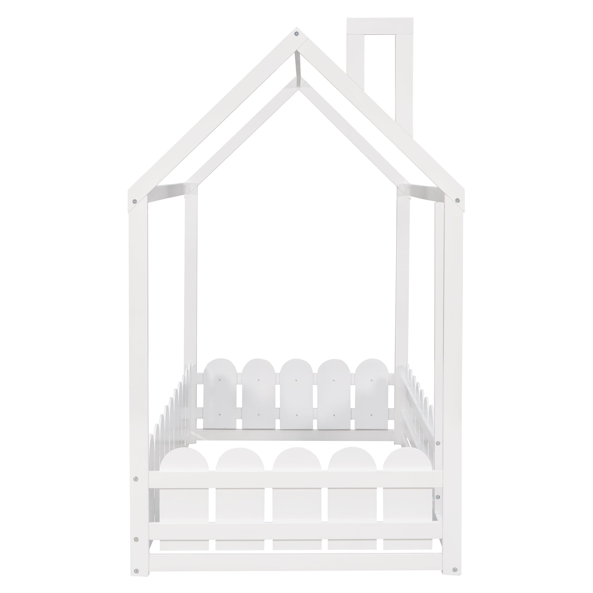 Aukfa House Bed for Kids, Wood Bed Frame with Roof and Fence Twin Bed, White