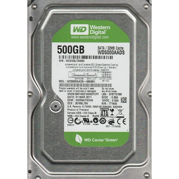 WD5000AADS-56S9B1, DCM HGRNHT2CHN, Western Digital 500GB SATA 3.5 Hard Drive