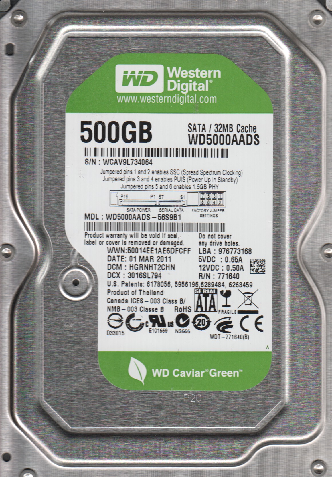 WD5000AADS-56S9B1, DCM HGRNHT2CHN, Western Digital 500GB SATA 3.5 Hard Drive - image 1 of 3