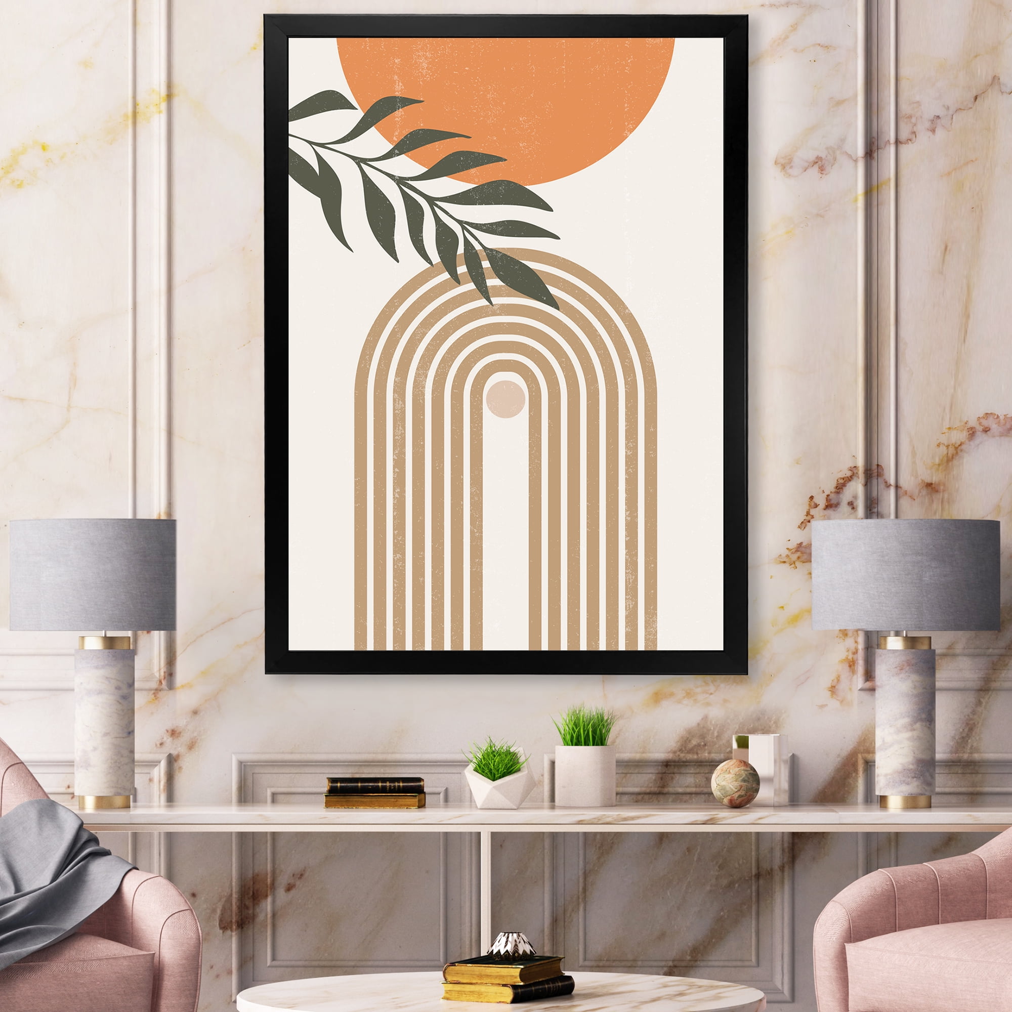 Designart 'Abstract Moon Sun Leaves I' Modern Framed Art Print