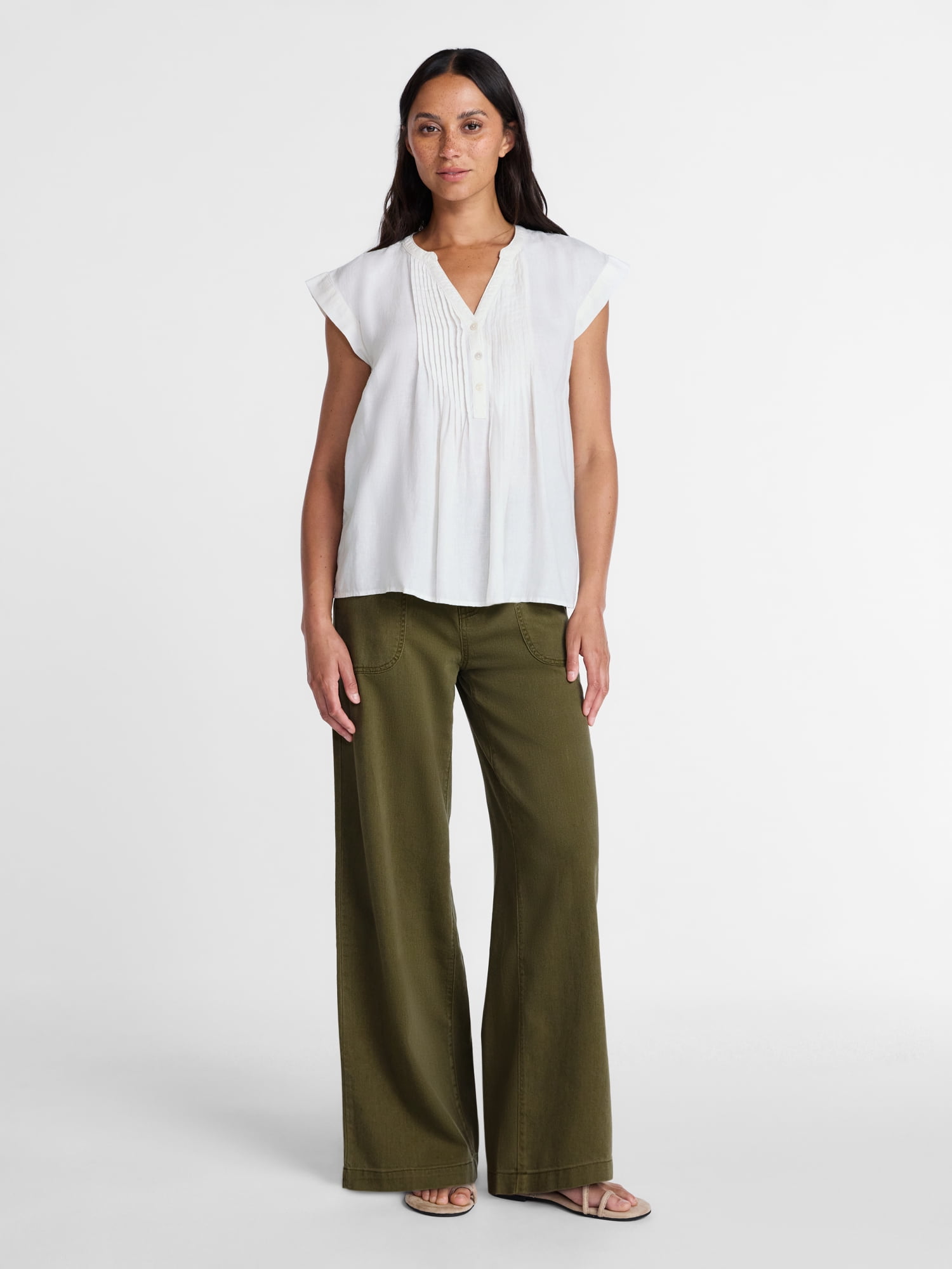 Time and Tru Women's Linen Blend Pintuck Top with Short Sleeves, Size XS-XXXL