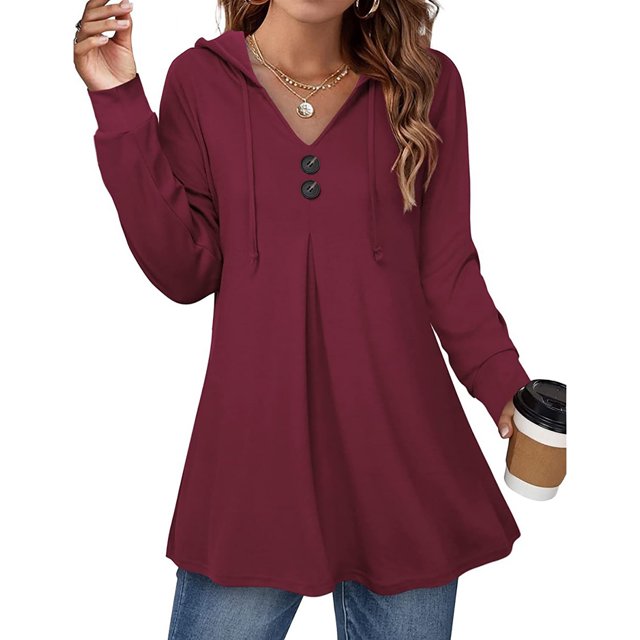 Una línea con capucha sudadera con capucha cuello en V manga larga botón cordón jersey casual tops para mujer vino rojo M
