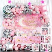 Twinkle Twinkle Little Star Baby Shower Decorations, Moon and Stars Baby Shower Decorations Backdrop Balloon Glitter Banner Tablecloth Cake Topper Sash for Space Party Supplies Pink Silver
