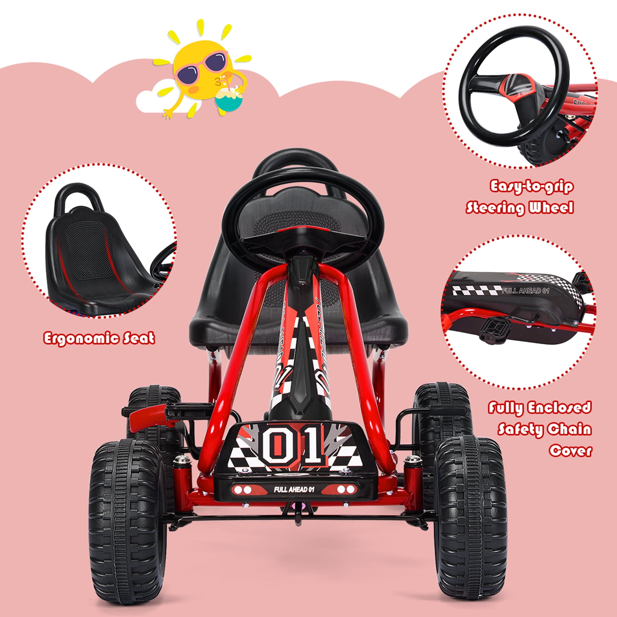 4 Wheel Pedal Go Kart Kid’s Ride-on with Optional Installation Position Manual Brake Lever Music and Horn Red 