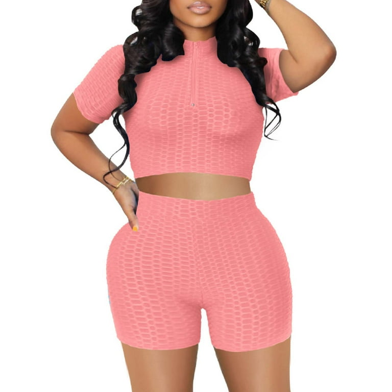 RQYYD Reduced Workout Sets for Women 2 Piece Textured Tracksuits Outfits  Short Sleeve Zipper Crop Tops Yoga Shorts Set Pink S