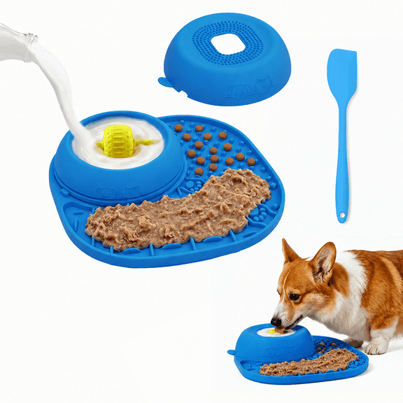 Slow Feeder Dog Bowl with Interactive Rolling Ball - Anti-Slip Lick Mat & Bowl for Liquid/Thick Treats, 5/6 Cup Licking Toy for Large Medium Small Dogs & Cats, Blue