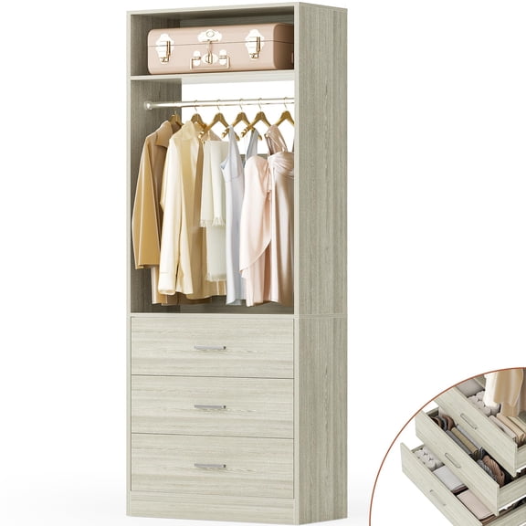 Aheaplus Freestanding Closet Organizer: 3-Drawer Storage with Rod & Shelves, Space-Saving 24-inch Cabinet,White Oak