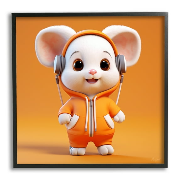 Stupell Industries Mouse with Headphones Animals & Insects Painting Black Framed Art Print Wall Art, 12 x 12