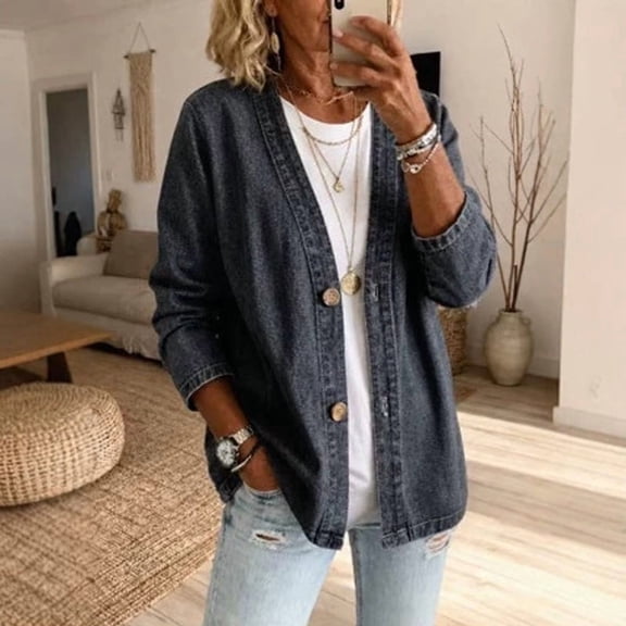 Morttic Women's Plus Size Solid Color V-Neck Denim Jacket – Casual Long Sleeve Loose Fit Button Down Coat Black,S