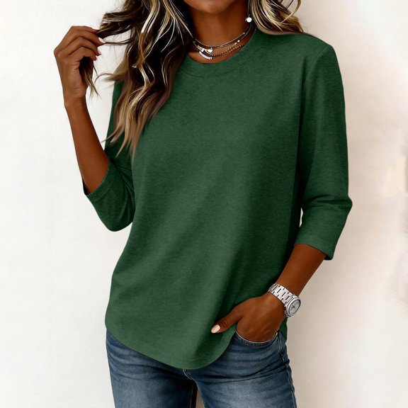 Womens Crew Neck 3/4 Sleeve Tops Casual T Shirts Fall Loose Fit Dressy Plain Basic Tops 2XL