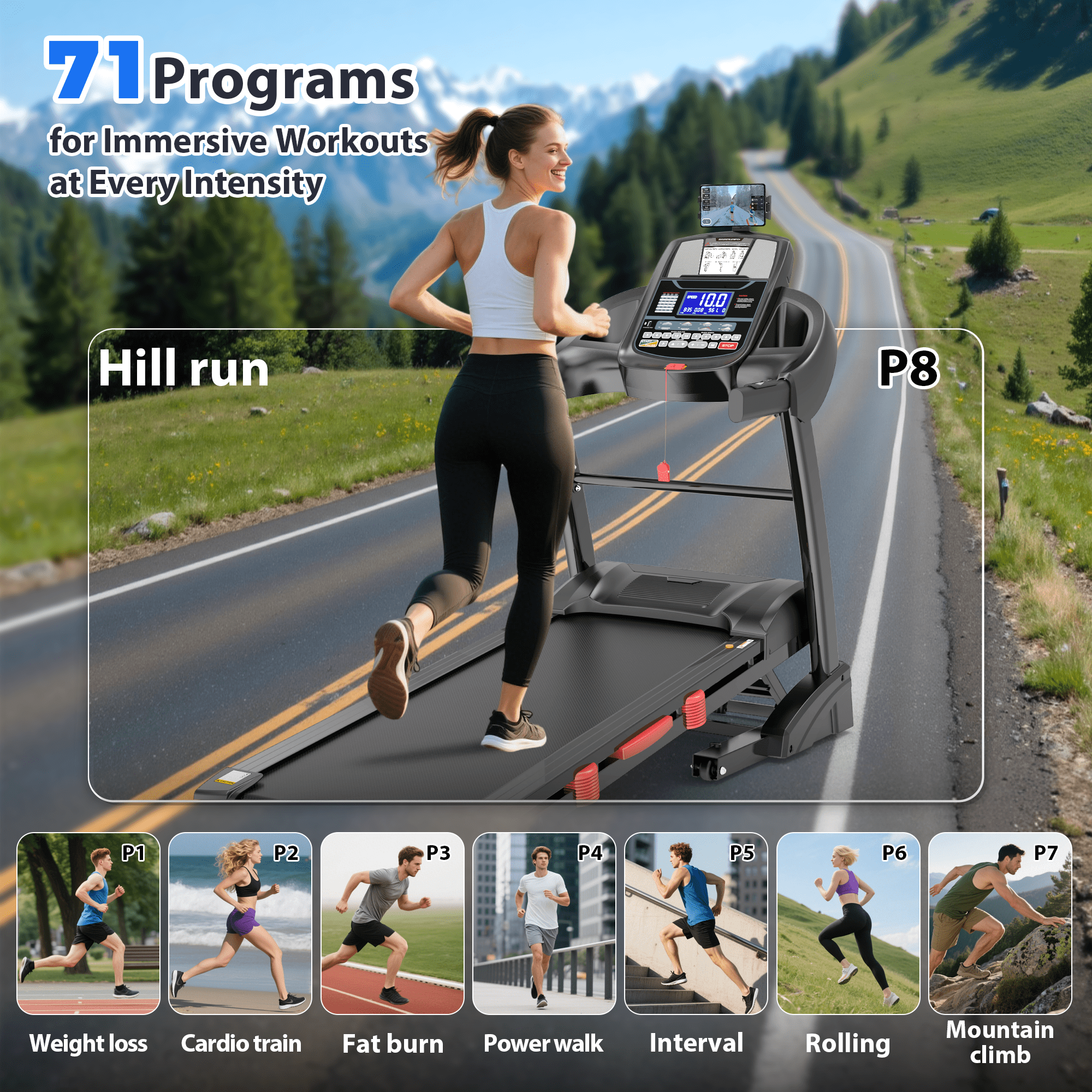 5HP Foldable Treadmill for Home w/ 20% Auto Incline, 400lbs Capacity, 12MPH Portable Treadmill, 64+7 Programs, Personalized Workout with APP, Running Walking treadmill