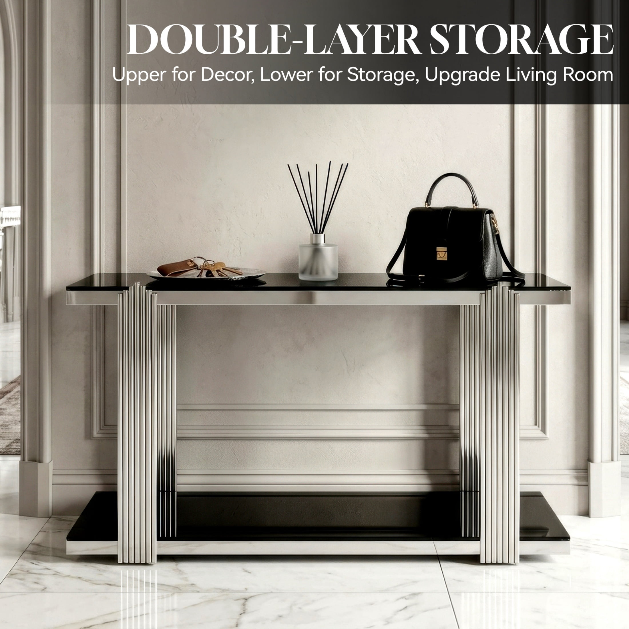 2-Tier Storage Tempered Glass Shelf Console Table, Two-Tone Entryway Display Table, Accent Mirrored Sofa Table for Living Room/Hotel