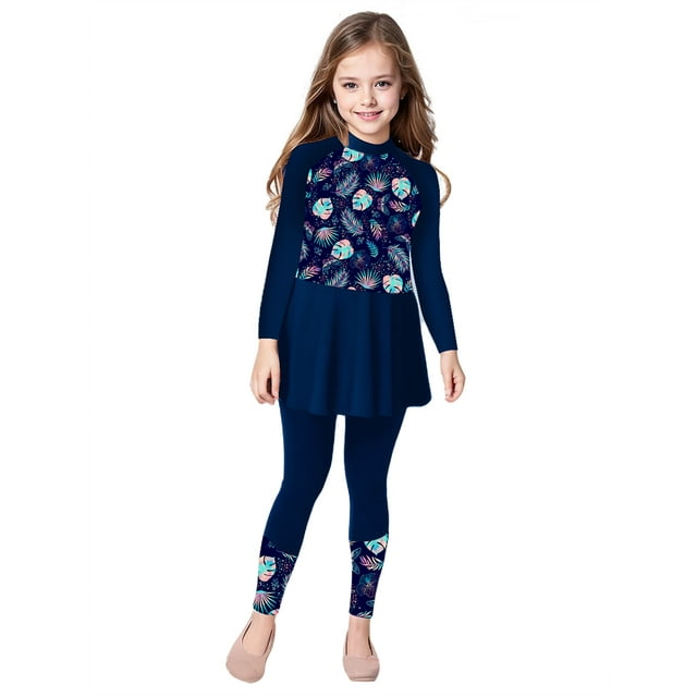 TSSOE Girls Swimsuit Dress with Swim Pants Legging Rashguard Set Kids Beach Surfing Bathing Suit Navy Blue 10