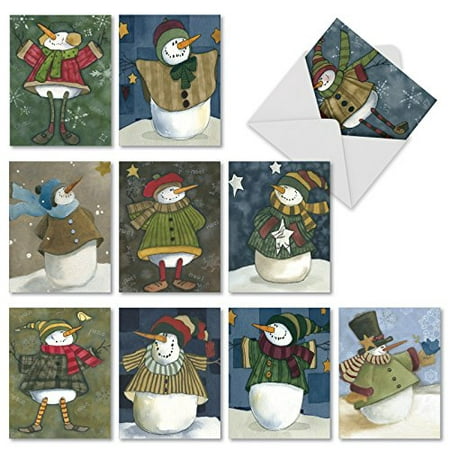 10 assorted snowman friends seasons greetings cards with envelopes (small 4 x 5.12 inch) - holiday cards for christmas and new year - stationery with snowmen in winter clothes