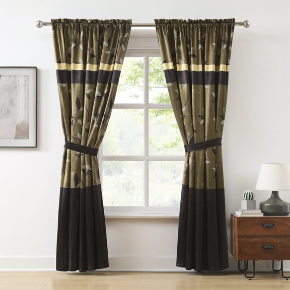 Lanco Leaves Floral Room Darkening Window Curtain Panel with Rod Pocket Top, Bronze, 56 x 84   18" (Set of 2)