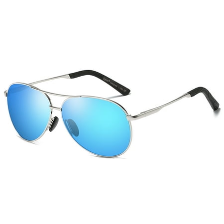Cyxus Aviator Spring Hinges Polarized Sunglasses with Silver Frame Blue Lens, Anti Glare UV for Driving Hiking Outdoors