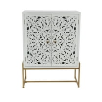 DecMode 30" x 42" White Wood Intricately Carved 1 Shelf and 2 Doors Floral Cabinet, 1-Piece
