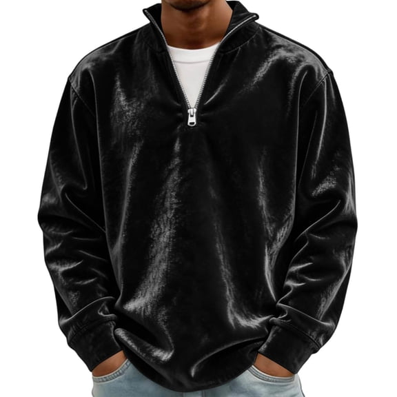 Qualvora Mens Velour Quarter Zip Pullover, Long Sleeve Stand Collar Sweatshirt with Metal Zipper, Loose Fit Solid Color Top, Fall Winter Party Night Out Wear for Men