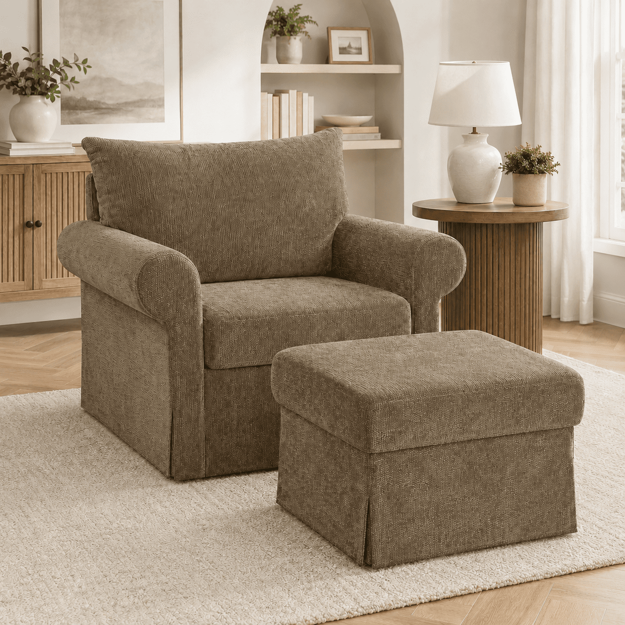 Aukfa 37.5" Oversized Chenille Accent Chair with Ottoman, Upholstered Armchair with Footrest for Living Room,Brown